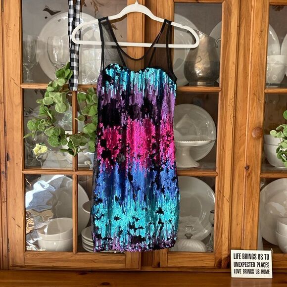 New Esley Multi Color Sequined Party Dress with Mesh Neckline Size S - Picture 2 of 11